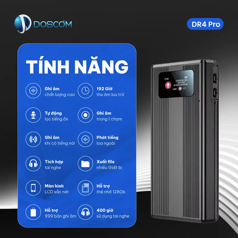 Thiết Bị Ghi Âm Thế Hệ Mới DR4 Pro DOSCOM D - Ghi Âm Liên Tục Thời Gian Dài, Chât Lượng Âm Thanh Sắc Nét máy  nhận diện giọng nói 1
