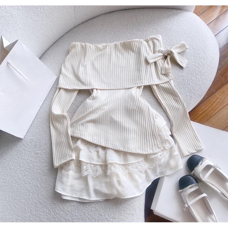 ( big size )SET ÁO GÂN LỆCH VAI CỘT NƠ +CHÂN VÁY REN TẦNG