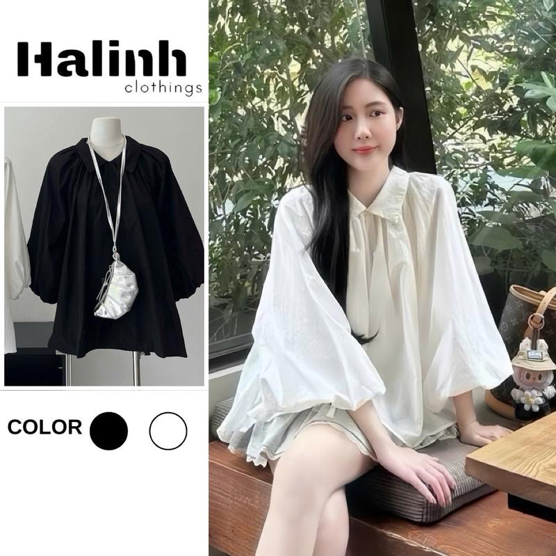 Áo váy sơ mi tay bồng cổ đức form rộng tay bồng 2 lớp  Women Cổ Tròn Halinh M232