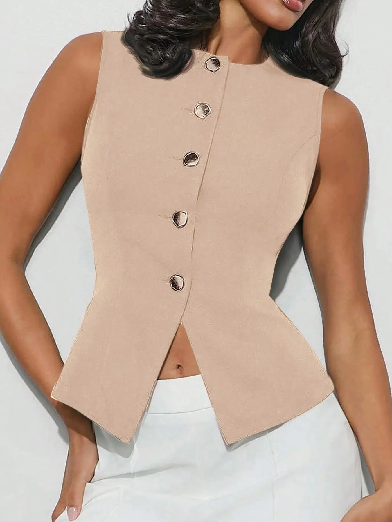 Women's Solid Color Button Front Suit Vest, Elegant Fashion Casual Sleeveless Blazer Vest for Work Office Business, Ladies Spring & Fall Clothes