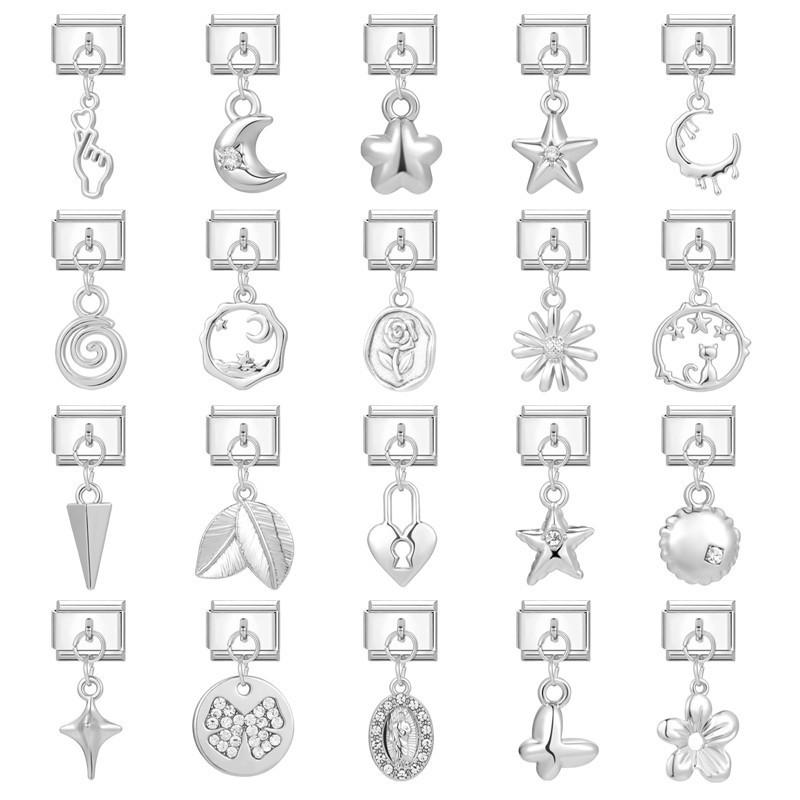 Vòng Tay Charm Ý Hình Hoa Lá Mặt Trăng Sao Vòng Tay Vừa Vặn 9mm Phụ Kiện Tự Làm Bằng Thép Không Gỉ Phụ Kiện Vòng Tay Mô-đun Cá Tính Cổ Điển