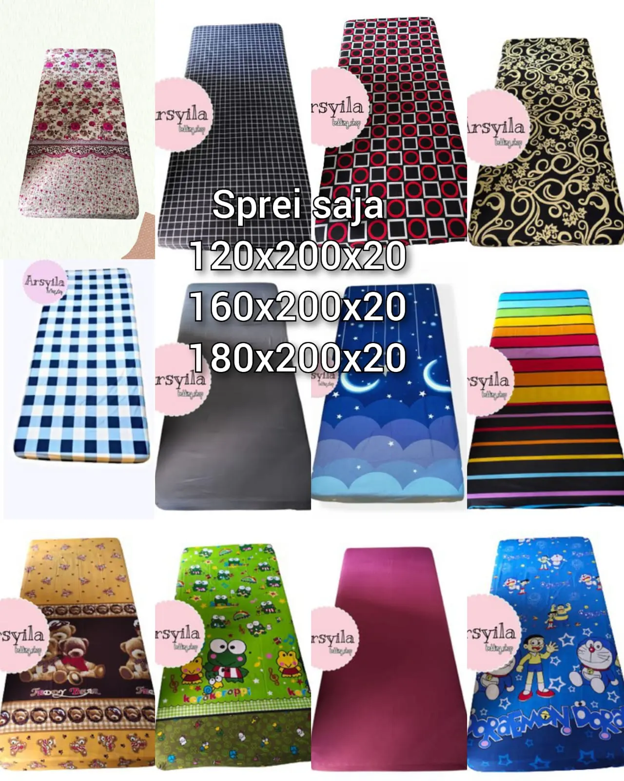 Sprei saja tanpa sarung bantal dan sarung guling ukuran 120x200x20, 160x200x20, 180x200x20
