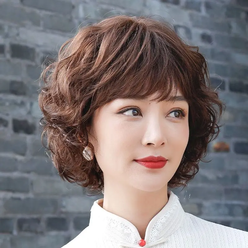 Rambut palsu rambut tiruan wanita, rambut kerinting pendek mewah, panjang sederhana, gebu, Alamiah, fesyen dan ibu muda pertengahan umur, rambut palsu kepala penuh Hair Hair Extensions