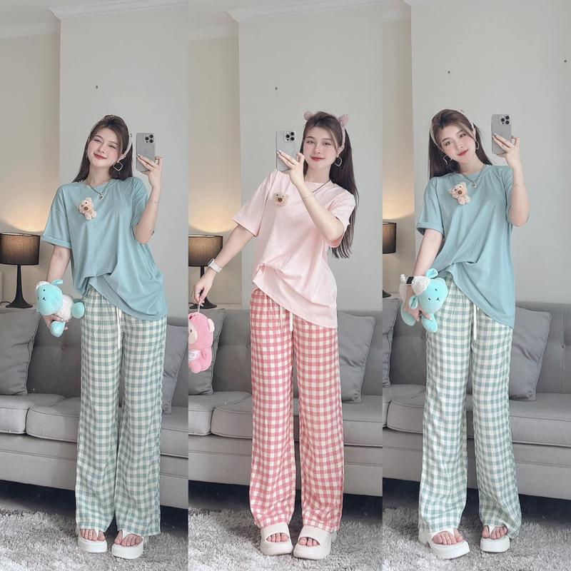 Quần ống rộng nữ kẻ caro xanh hồng cạp cao lưng chun có dây rút Women Ong