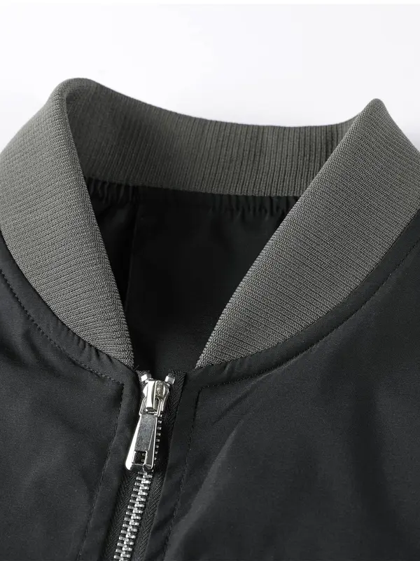 Men's Solid Zip Up Bomber Jacket, Regular Fit Casual Comfy Baseball Collar Long Sleeve Outerwear for Spring & Fall, Men's Clothes for Daily Wear, Coats 5