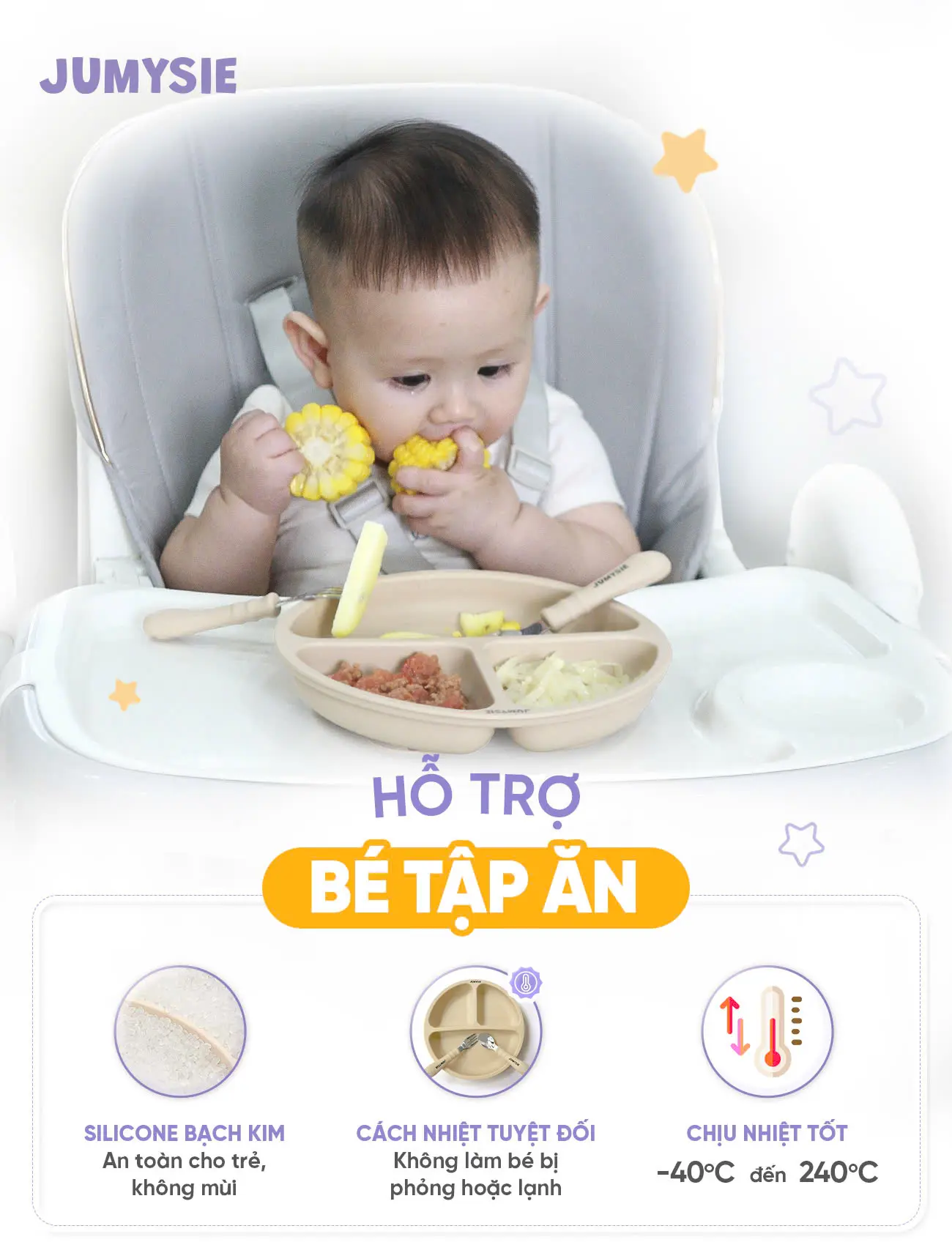 Set Ăn Dặm Jumysie Silicone Cao Cấp - Khay Ăn Dặm Chia 3 Ngăn Có Nắp, Thìa Dĩa Vừa Vặn, Dễ Vệ Sinh 3