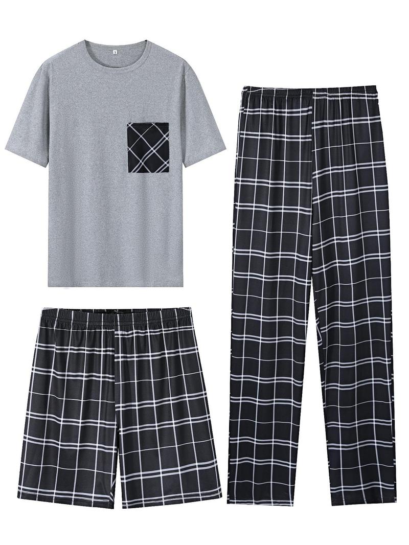 Product Introduction of Men's Short Sleeve Plaid Print Loungewear Set, Casual Pocket Round Neck T-shirt & Pants & Shorts Pj Set, Sleepwear & Loungewear Set for All Seasons 1
