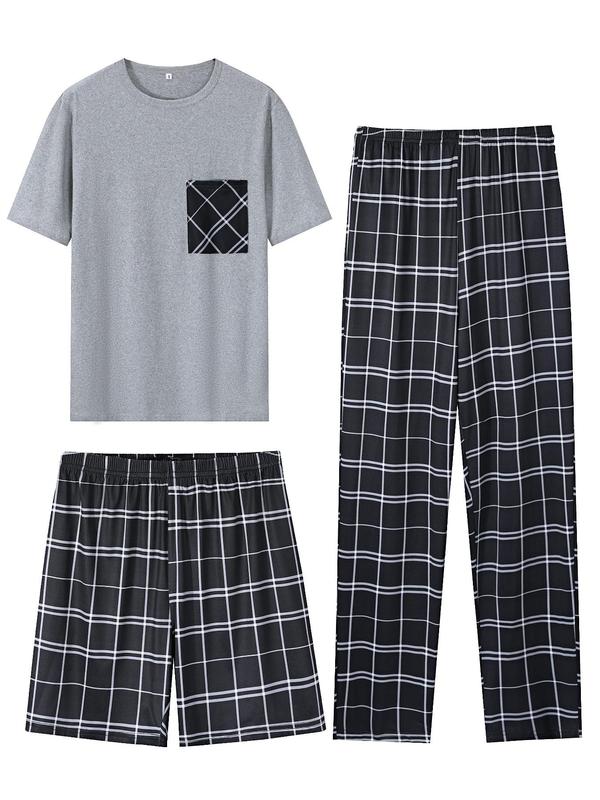Men's Short Sleeve Plaid Print Loungewear Set, Casual Pocket Round Neck T-shirt & Pants & Shorts Pj Set, Sleepwear & Loungewear Set for All Seasons 0