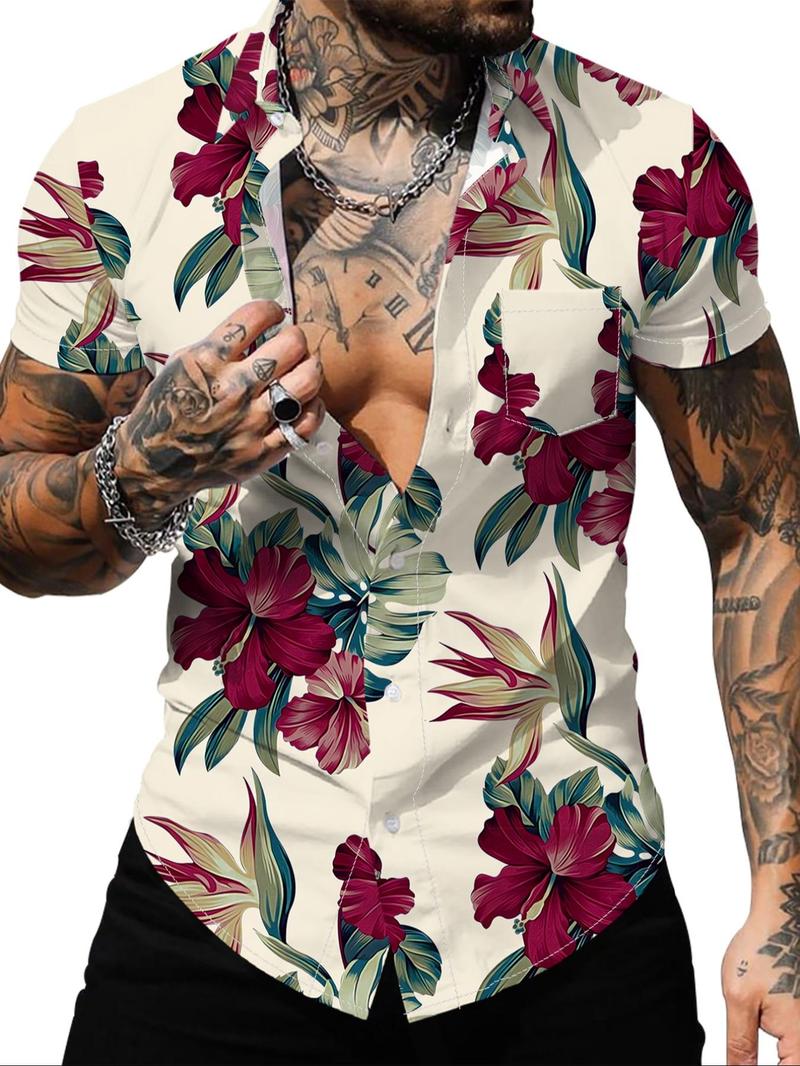 Product Introduction of Men's Floral Print Button Front Shirt, Regular Fit Casual Short Sleeve Pocket Collar Top for Summer, Fashion Men's Clothes for Beach Vacation 8