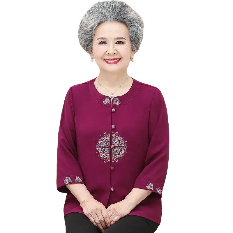 Áo Kiểu Cho Người Già, Top Shirt thêu sang trọng bigsize tới 80kg cho bà ngoại bà nội - Cổ Tròn Đỏ Umi Nữ Women
