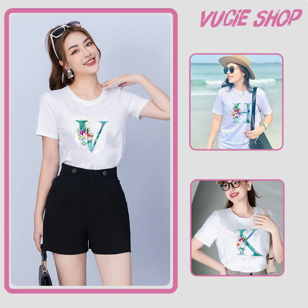 Áo thun nữ, áo phông ngắn tay cổ tròn chất cotton cao cấp mềm mịn, in hình chữ từ A đến Z sang trọng. Top Women Nhung Voi Dài Tay