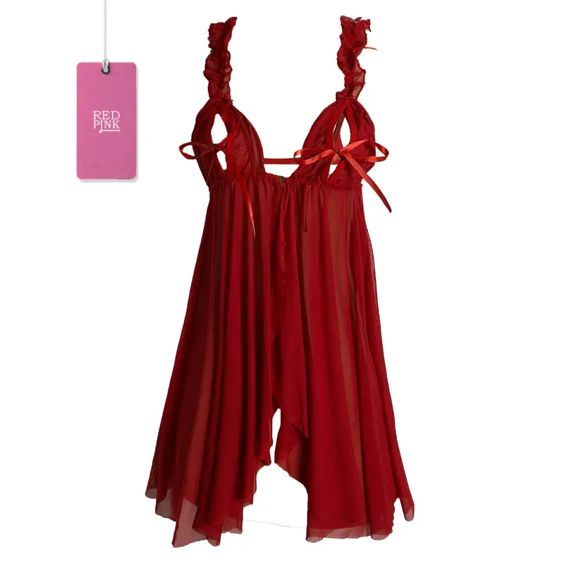 [ RedPink ] Lingerie Dress New Version Dinas Nightwear Transaparan Style Hot Sexy Dewasa Edition Front Open Bra With Pita Beatiful Strap Pundak Renda Mid Back Strech Free G-String Sifon Premium Soft Import Quality XDW 0
