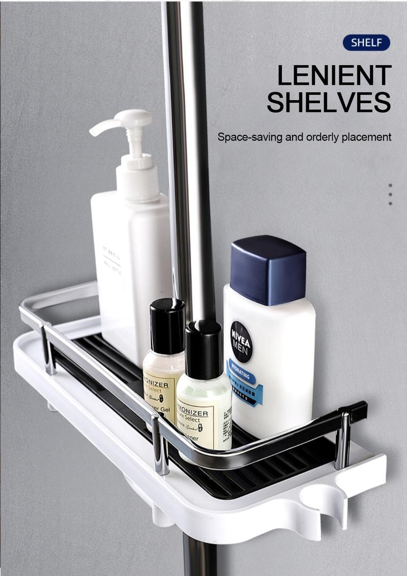 Product Introduction of Shower Storage Holder Bathroom Shelf Pole Shelves Shampoo Tray Stand No Drilling Lifting Bathroom Shower Storage Rack Organizer 2