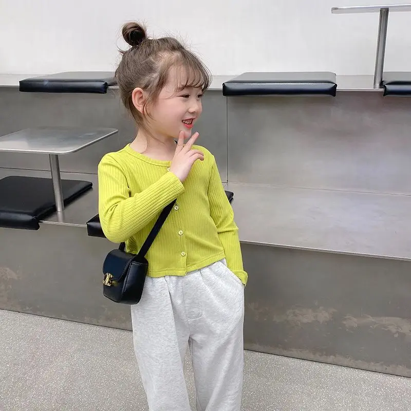 [ 13k People Collected] Girls' Long Sleeve Knitted T-Shirt Cardigan Spring Autumn Style Baby Top Children's Autumn Fashionable Base Shirt Clothing
