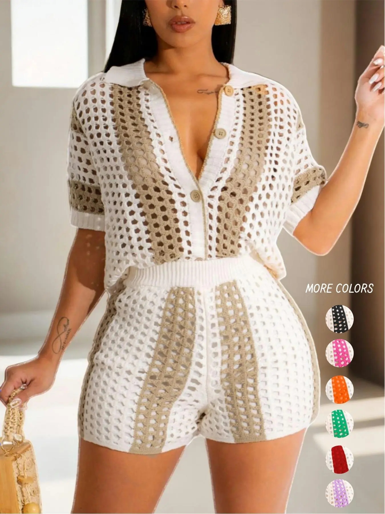 Two-piece Set Women's Hollow Out Button Front Top & High Waist Shorts Set, Summer Clothes, Crochet Clothing Sets, Casual Relaxed Colorblock Striped Print Short Sleeve Collared Top & Shorts