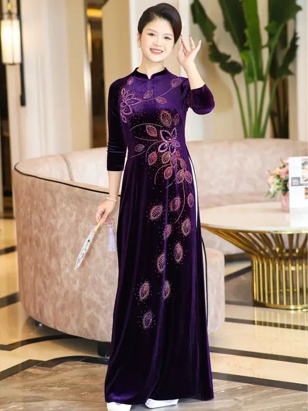 (Không kèm quần) Áo dài nhung trung niên cổ tàuT424 T437 0
