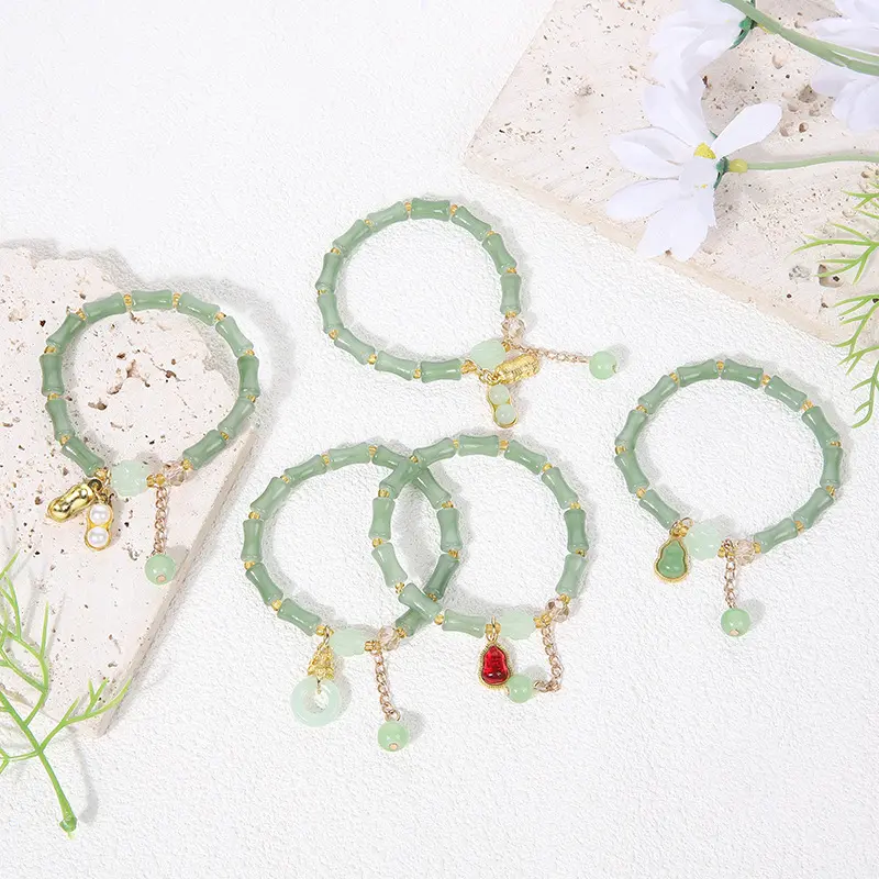 Classic National Style New Chinese Bamboo Bracelet Imitation Dongling Jade Joint High Bracelet Safety Buckle Jade Gourd Bracelet Scenic Jewelry Personality