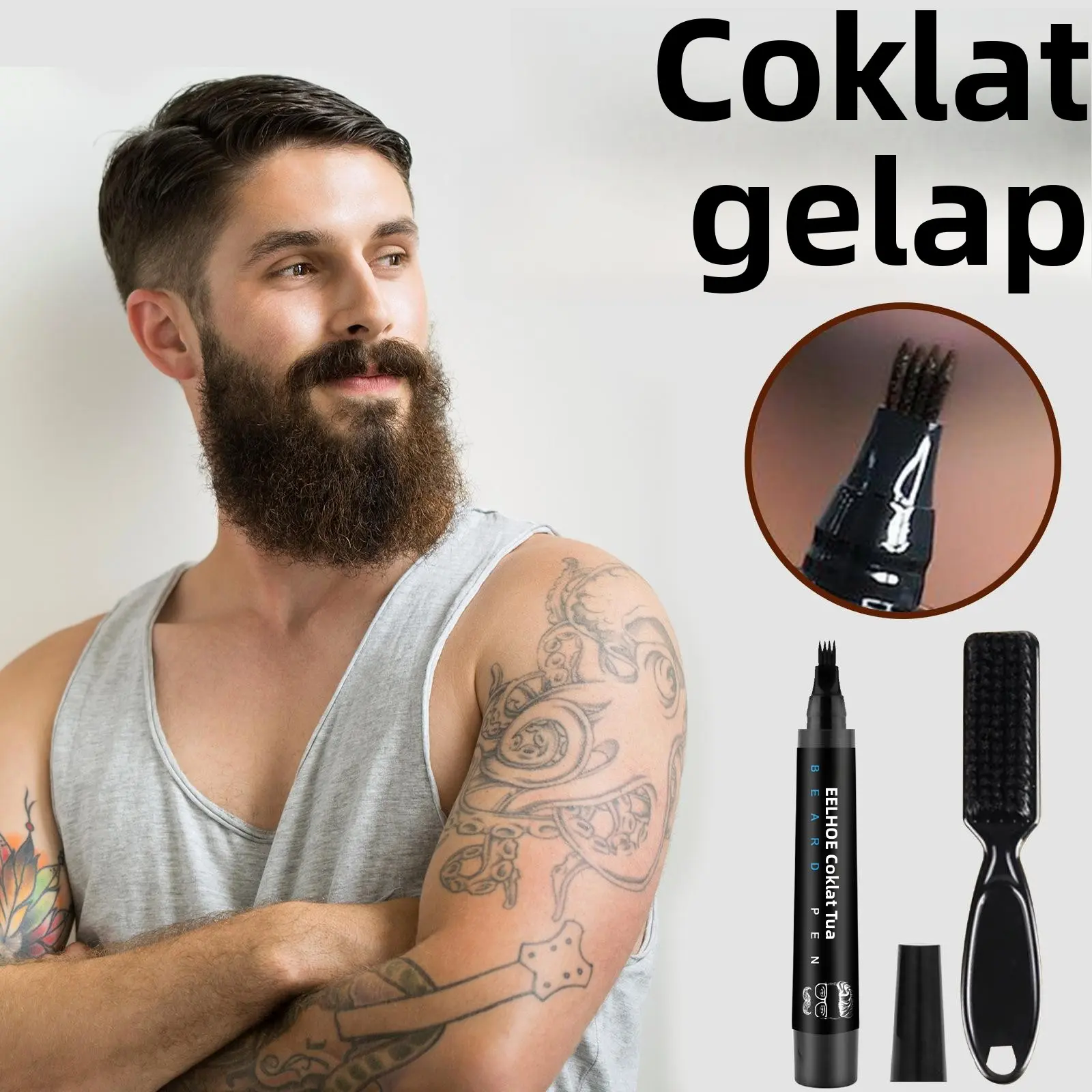 Kit Isi Ulang Pena Janggut Eelhoe Pena Janggut Pria Alami Tahan Air Pena Tracing Janggut Concealer Wajah