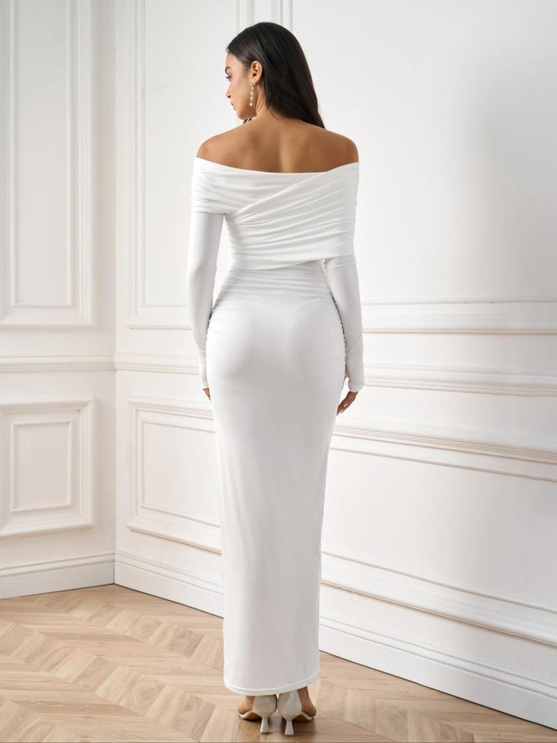 Product Introduction of Women's Plain Ruched Asymmetrical Neck Bodycon Dress, Elegant Criss Cross Long Sleeve Maxi Dress for Party Holiday Wedding Guest, Ladies Spring & Fall Clothes, Evening Dresses 12