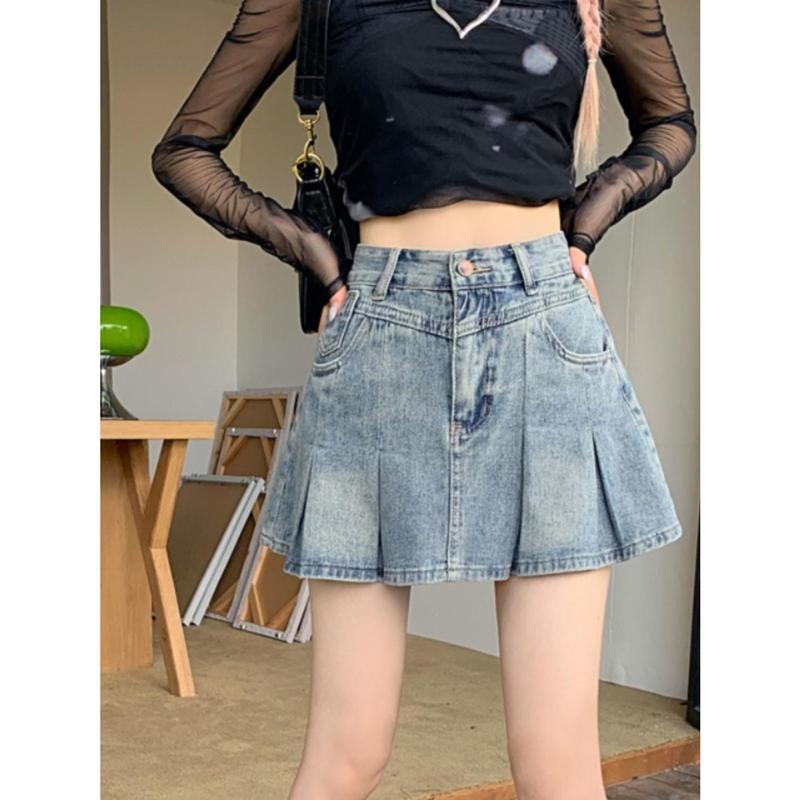 Chân Váy Denim, Phong Cách Cổ Điển Mỹ, Dành Cho Nữ, Mùa Xuân / Mùa Hè Năm 2025 Hàng Mới Về, Chân Váy Xếp Ly Cạp Cao Thiết Kế Cô Gái Nóng Bỏng, Chân Váy Chữ A 3