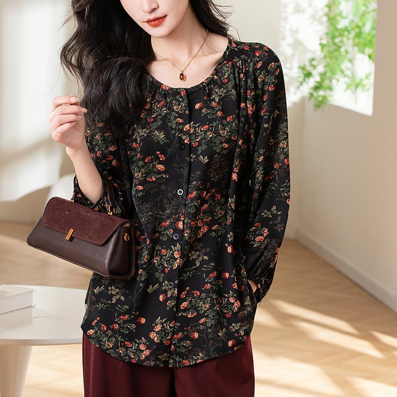Vintage floral chiffon blouse, round neck, top, puff sleeves, loose fit, casual style, available up to 3XL