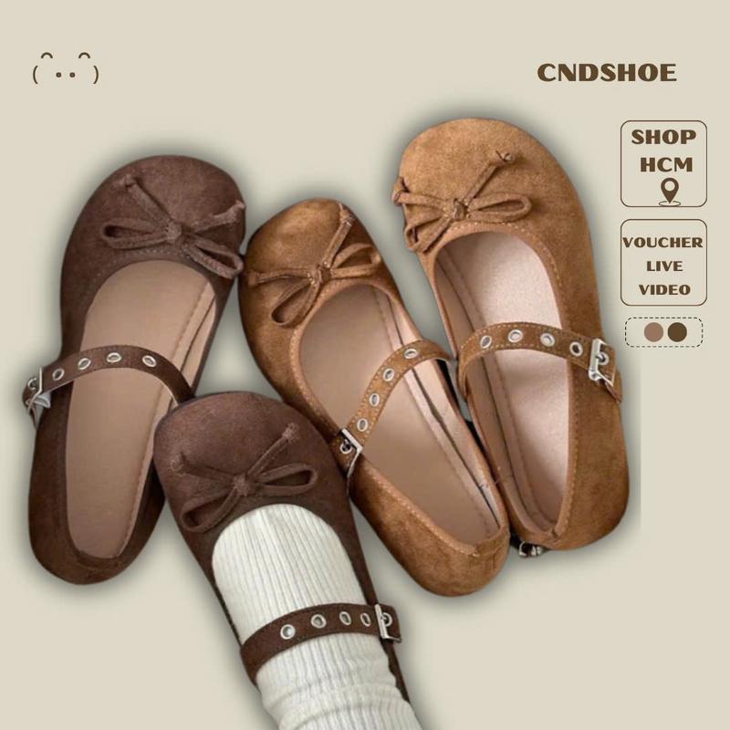 Cndshoe - Giày Búp Bê Đế Bệt Nữ Da Lộn Phối Nơ, Giày Lười Màu Nâu Vintage, Êm Chân, Da Mềm mary jane