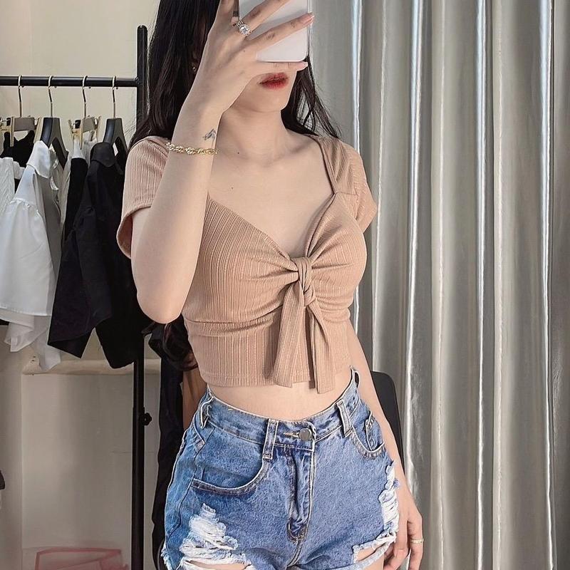 Áo croptop nữ tay nhắn cổ tim cột nơ có mút hottrend