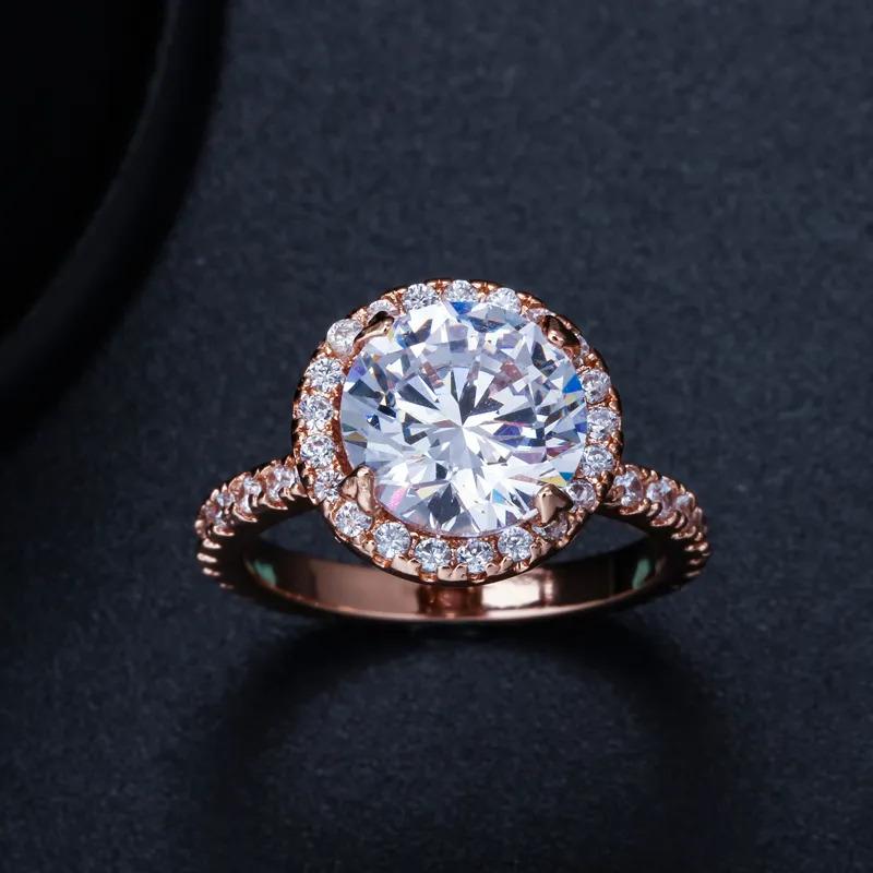 Product Introduction of SEQUITO Luxury 18K White Rose Gold Filled Wedding Band Micro CZ Pave Classic 3CT Round Zirconia Diamond Big Engagement Ring For Women SR043 13