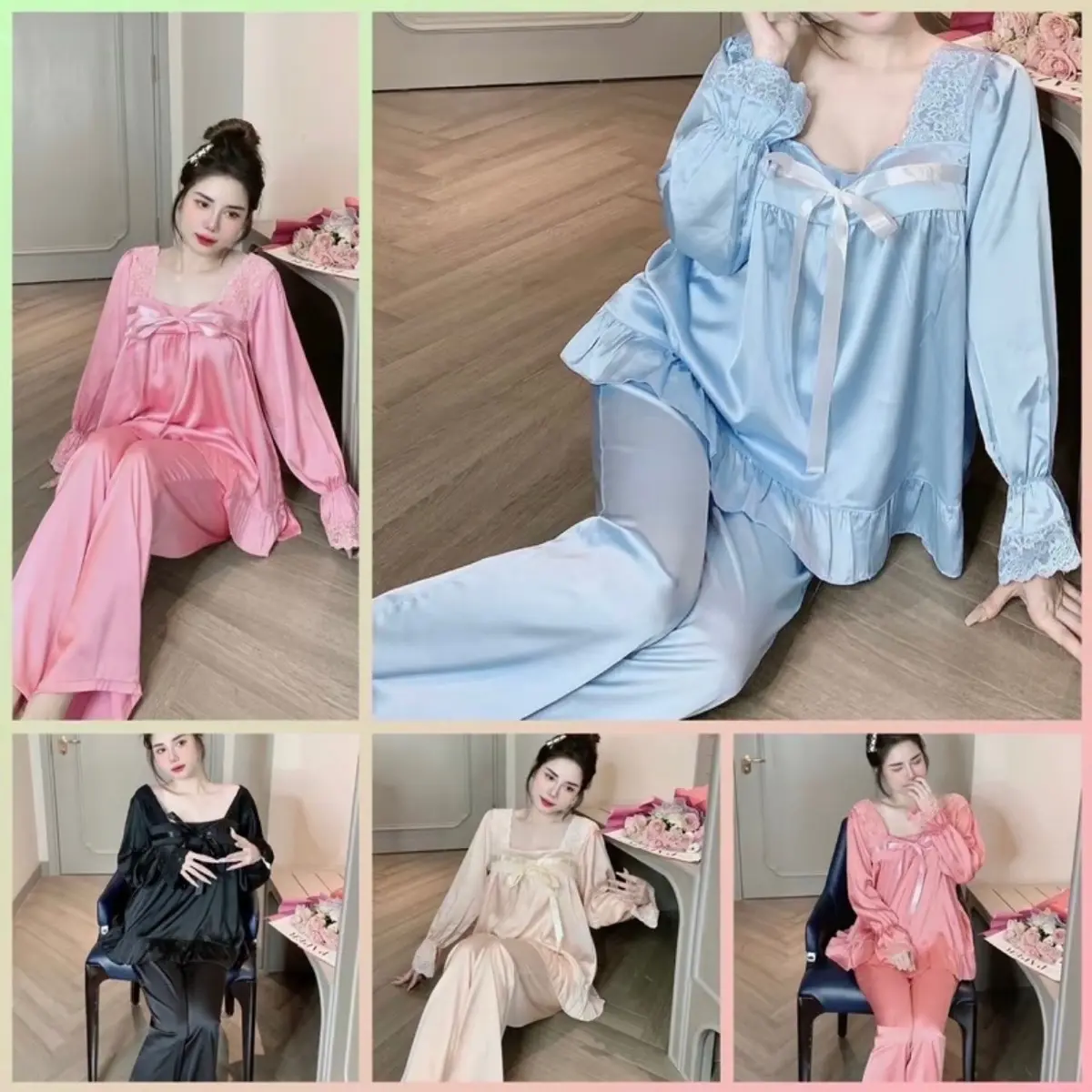 Đồ ngủ, đồ bộ pijama cổ vuông tiểu thư tay dài lụa latin dưới 60kg nhiều màu xinh