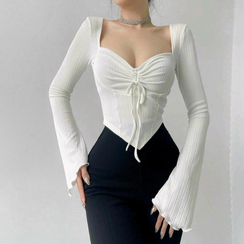  Áo Kiểu Tay Dài Ống Bát Có Rút Ngực Vạt Nhọn Xinh Xắn Shop Tiến Linh Đen Voan Top Nữ Voi Women Sơ Mi Shirt 