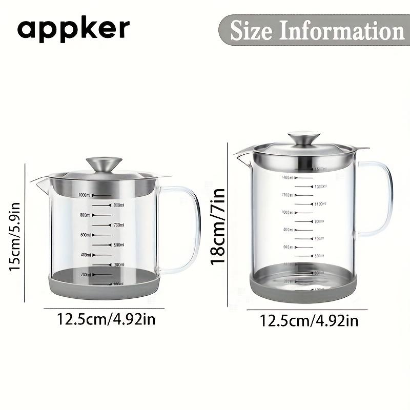 APPKER 1pc 33.8/50.72oz Glass Oil Filter Pot with Frying Basket, Large Capacity Multifunctional Oil Strainer Vessel Tank, Transparent Measurement Markings, Durable & Easy-to-Clean for Kitchen Cooking & Storage,  Utensils 1000Ml 2
