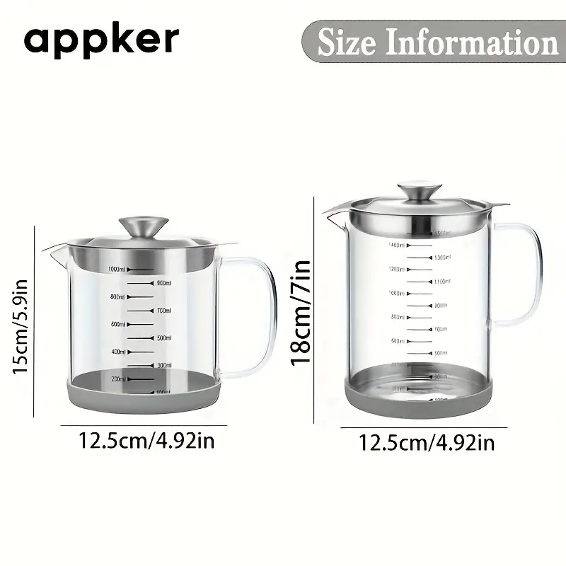 APPKER 1pc 33.8/50.72oz Glass Oil Filter Pot with Frying Basket, Large Capacity Multifunctional Oil Strainer Vessel Tank, Transparent Measurement Markings, Durable & Easy-to-Clean for Kitchen Cooking & Storage,  Utensils 1000Ml 2