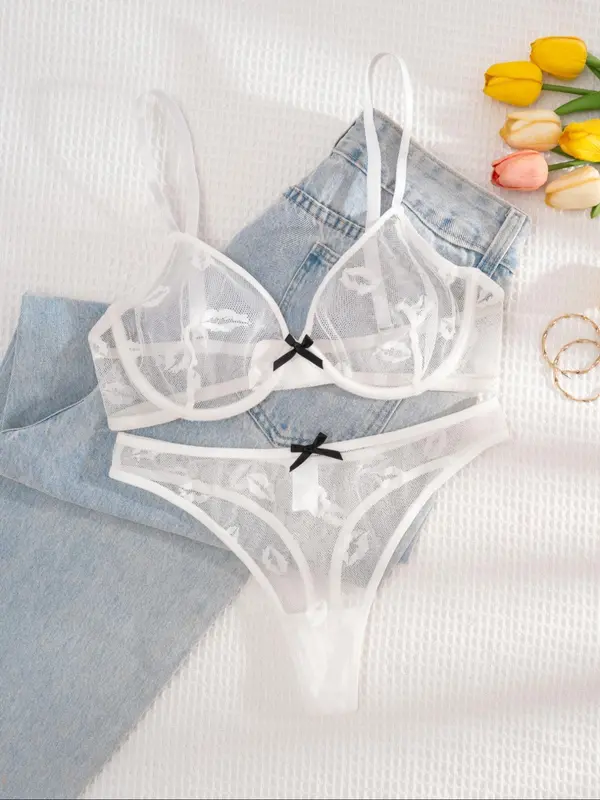Women's Plain Lip Embroidery Underwire Bra & Panty Two-piece Set, Elegant Comfy Breathable Bra & Panty Set, Lingerie Set for Women 4