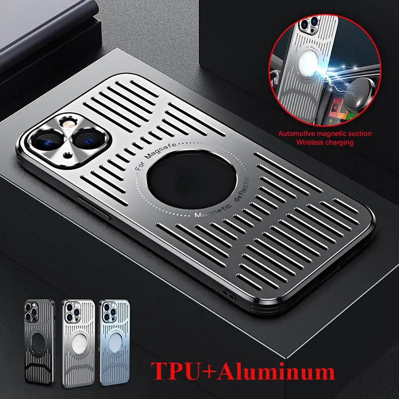 Vỏ Điện Thoại, Hợp Kim Nhôm, tản nhiệt từ tính, Tương Thích Với iPhone 14, 13, 12, Pro Max, 15Plus, Hộp Thông Gió Sạc Không Dây Magsafe Cao Su