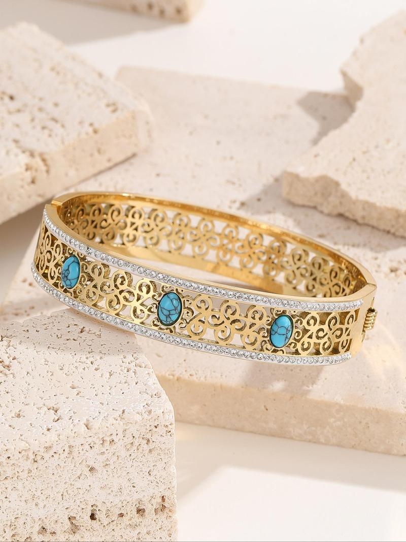 Product Introduction of Vintage Hollow Out Design Bangle for Women & Men, Rhinestone Decor Turquoise Texture Stainless Steel Jewelry for Party, Daily Clothing Decor, Trendy All-match & Exquisite Jewelry for Birthday Gift 3