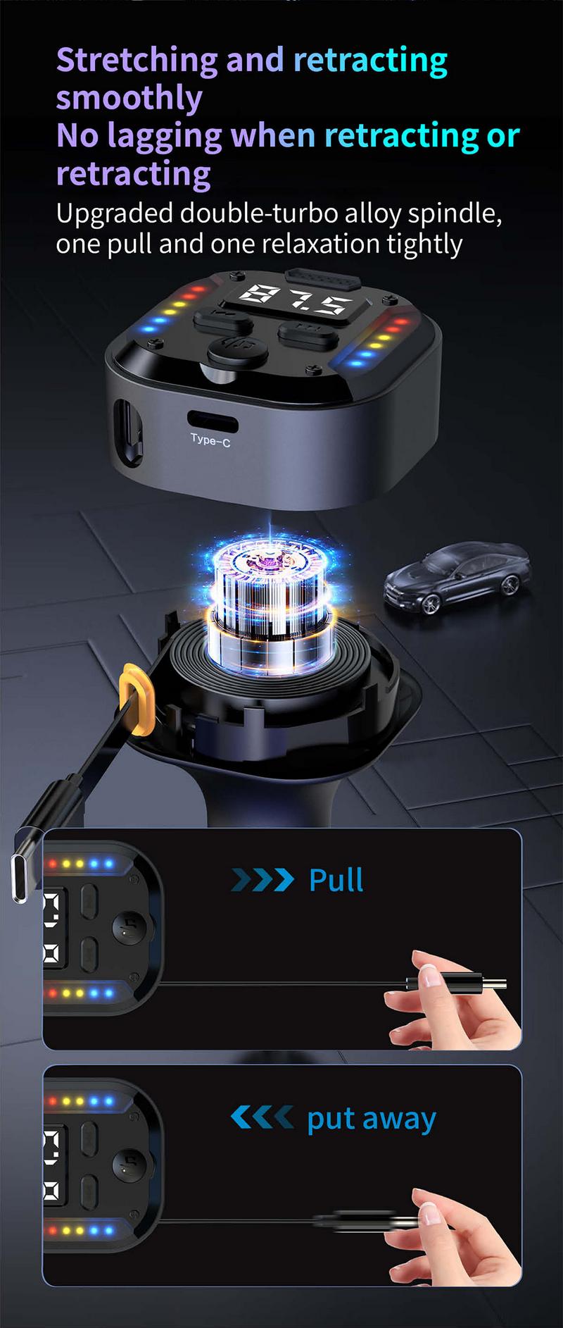 Product Introduction of Car Bluetooth mobile phone charger retractable car conversion super fast charging one to two flash charging storage charging cable 9