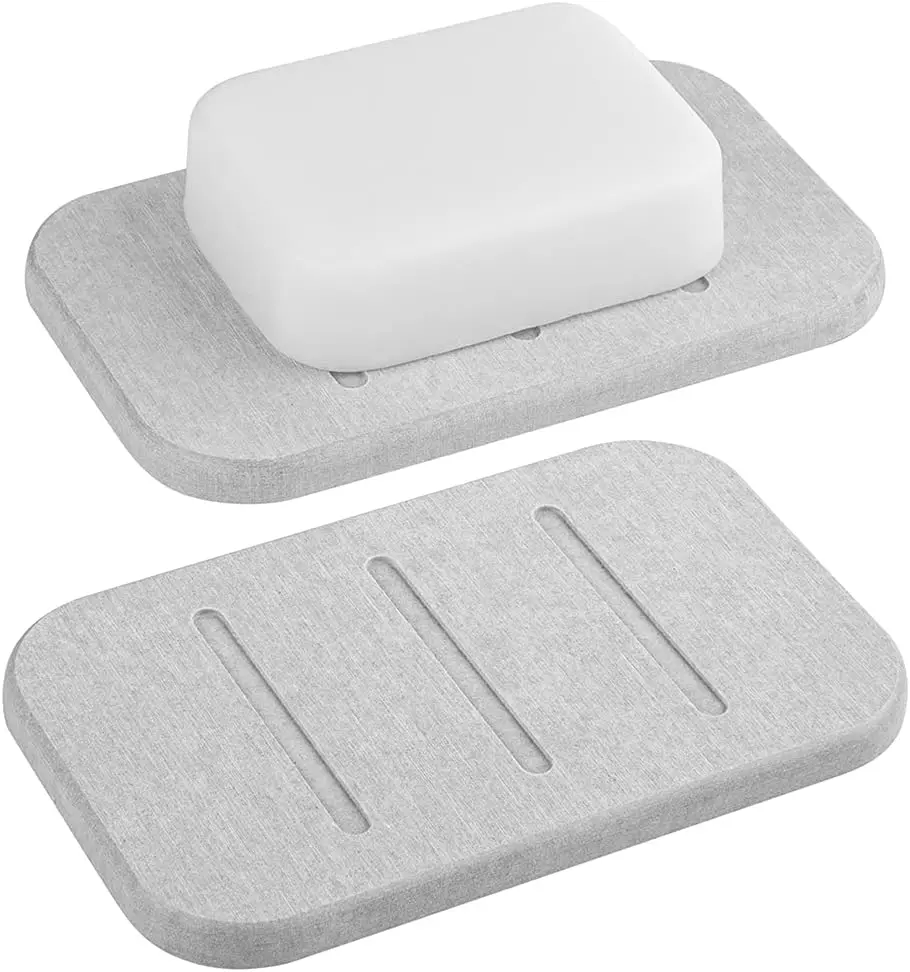 2 Pack Diatomite Soap Dish, Rectangular, Grey, Fast Drying Soap Saver, Soap Bar Holder for Bath Shower