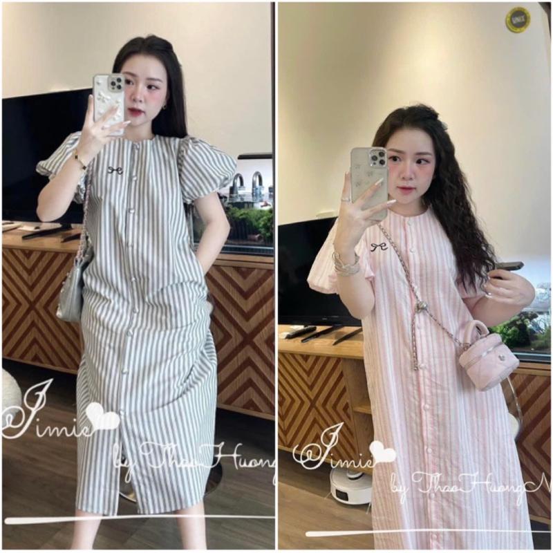 D33 Váy kẻ tay bồng cài cúc dáng dài , váy tk 2 size SM mùa hè Nữ ( k có túi) Women Dress
