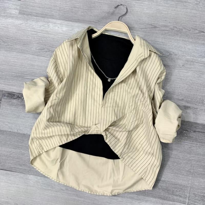 Product Introduction of Áo Sơ Mi Nữ Kẻ Sọc Xoắn Bụng Chất Nhung Mền Mại Phong Cách Hàn Quốc Top Cotton Women Shirt 8