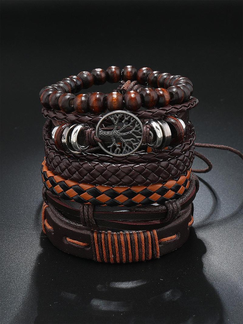 Product Introduction of Men's Vintage Adjustable Bracelet Set (6counts/set), Beaded & Braided & Hollow Out Tree Design for Party, Daily Birthday Gift 0