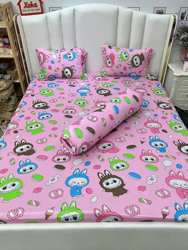 VỎ ÔM KHÓA KÉO - BỘ GA GỐI 4 MÓN - CHẤT THUN 3D HÀN QUỐC- MẪU LABUBU SIÊU HOT 3
