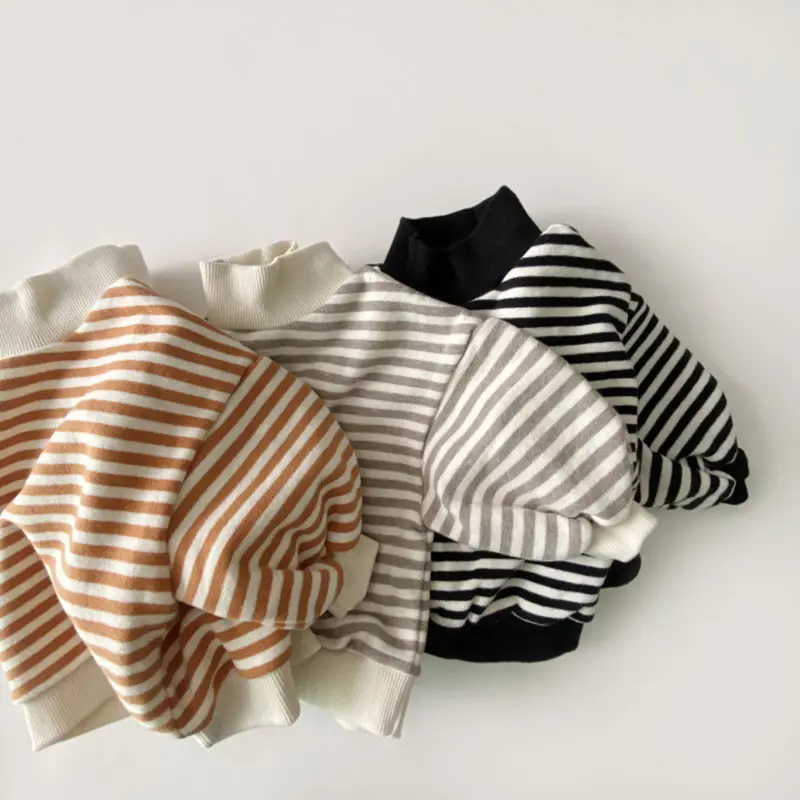 Áo Hoodie Cổ Bán Cao Kẻ Sọc Phong Cách Hàn Quốc Ins, Thích Hợp Cho Mùa Thu Và Mùa Đông, Với Lông Cừu Dày, Áo Trẻ Em, Áo Len Lông Cừu Ấm Áp, Cho Bé Trai Và Bé Gái