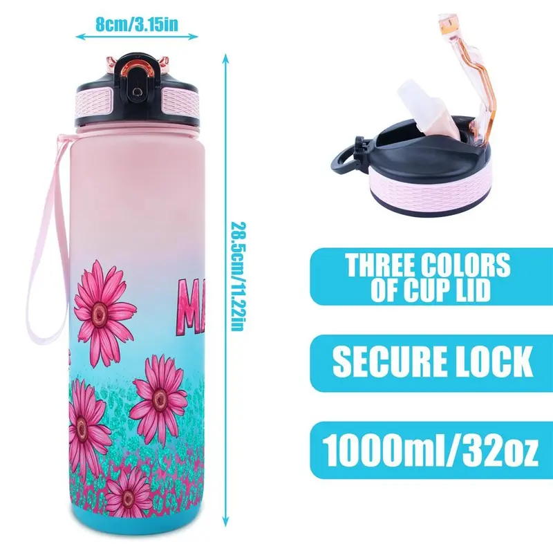 32oz Water Bottle, 1 Count Floral Pattern Sports Water Bottle with Time Marker, Outdoor Durable Large Capacity Hiking Water Bottle 1