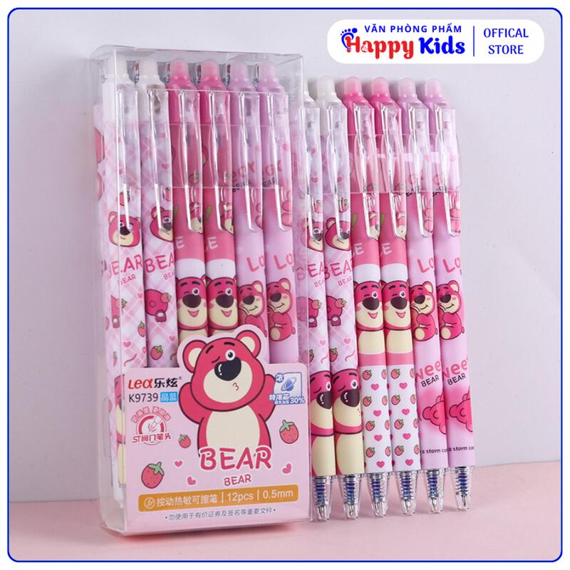Hộp 12 Cây Bút Gel Bấm Xóa Được Mẫu Gấu Dâu Ngòi Bi Nhỏ 0.5mm - Mực Xanh/Tím - Bút Xóa Được Dành Cho Học Sinh Tiểu Học - VPP Happy Kids