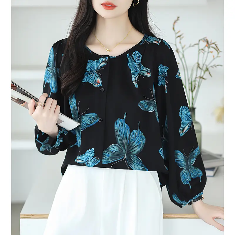 Áo Voan Cổ Tròn, Dành Cho Nữ, In Hình Bướm, Phong Cách Hồi Giáo, Áo Dài Tay, Hàng Mới Về 8