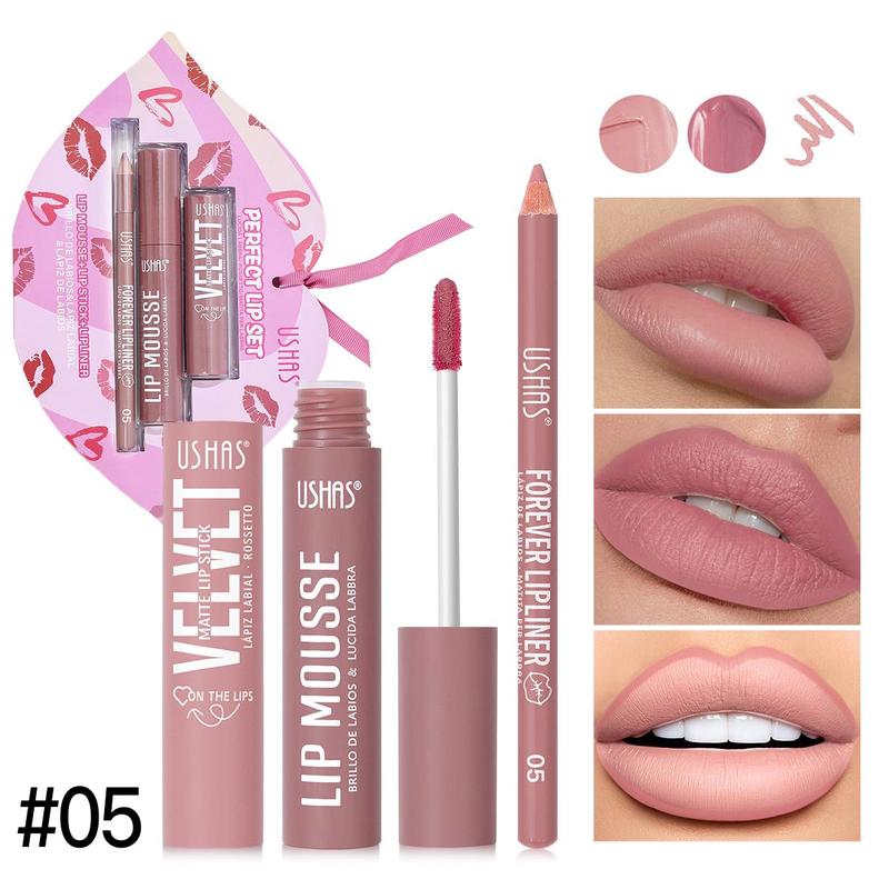 Product Introduction of Long Lasting Lip Makeup Set, 3 Counts/set Lipstick & Lip Gloss & Lip Liner, Moisturizing Lip Makeup Kit, Suitable for Daily Makeup, Valentine's Day Gift, Makeup Products 0