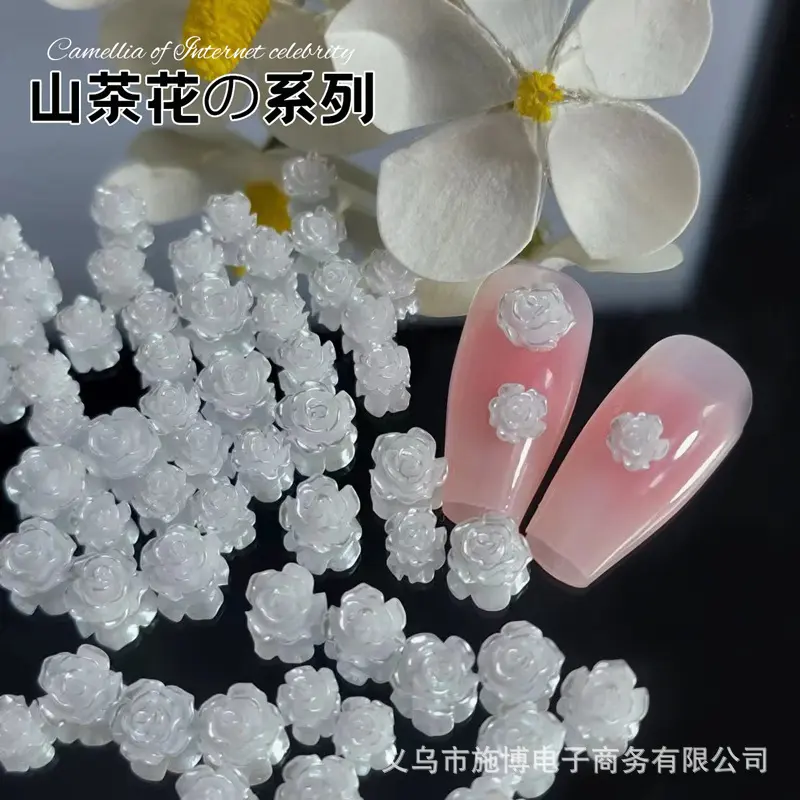 Popular Pearl Camellia Nail Ornament Aurora Transparent Manicures Decoration Bottoming Drill Resin Manicure Jewelry Wholesale
