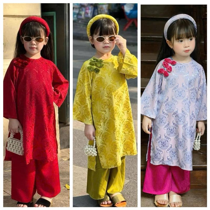 Set áo dài cách tân bé gái CS664, CS749 bộ áo dài gấm thọ quần lụa kèm mấn cho bé mặc tết