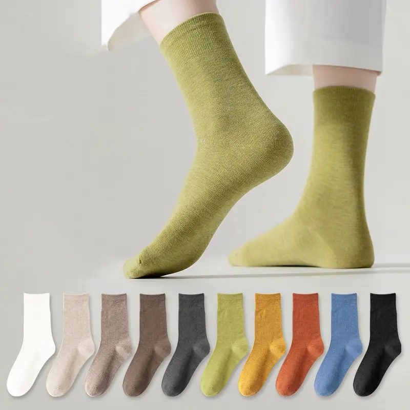 Korean Version Pure Cotton Mid Tube Socks Solid Color Leisure Versatile Pile Sock Loose Breathable Antibacterial Soft Socks Women