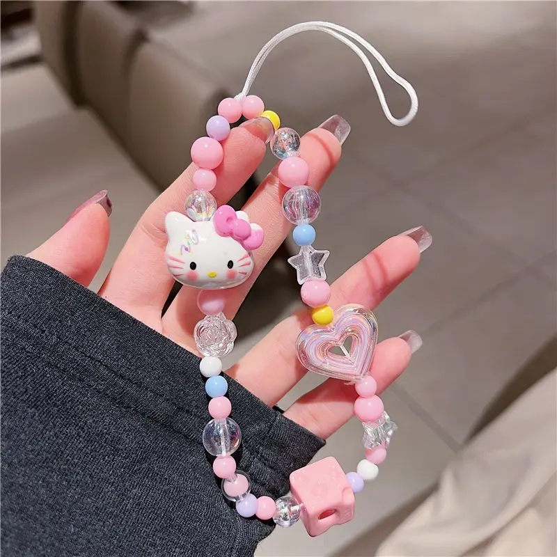 Cartoon Beaded Hello Kitty Pink Mobile Phone Charm CCD Camera Lanyard DIY Girl Heart Cheese Square Beaded Anti-Separation Rope